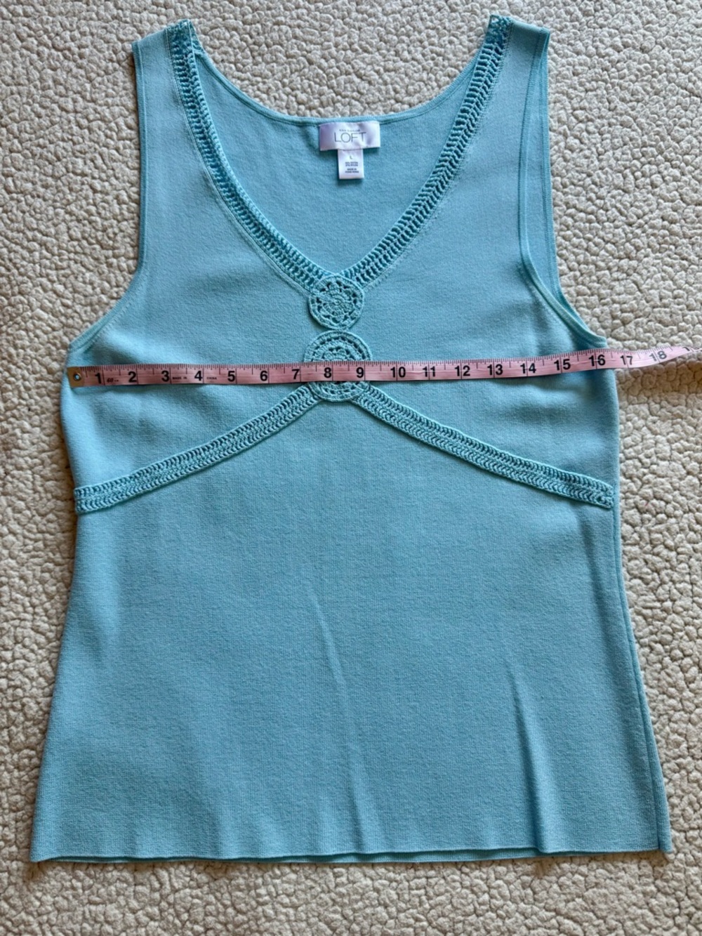 Ann Taylor LOFT Blue Sweater Tank Crochet Medallion Knit Top Large - Picture 6 of 7